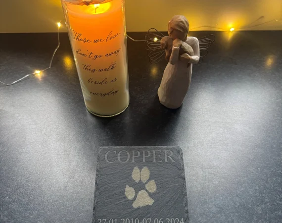 Engraved paw print slate coaster with name on top and optional date or message at the bottom (square) £10