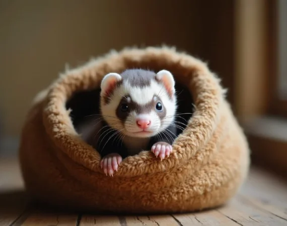 Young ferret peeking over the edge of a soft brown plush cave bed.